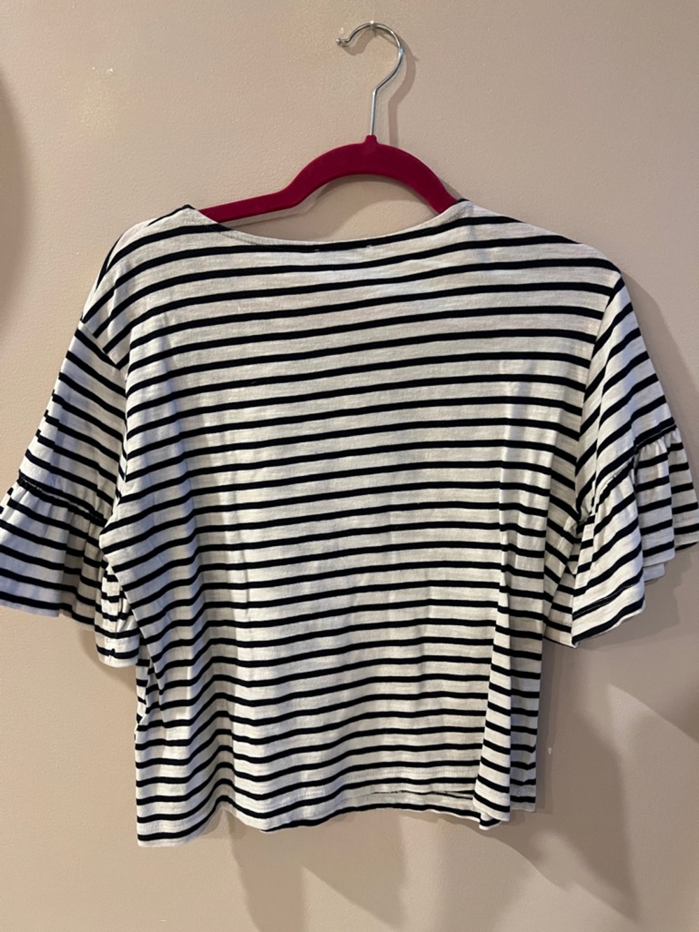 Zara Black & White Striped Short Sleeve Ruffle-Sleeve Tee Size Small - Picture 5 of 5